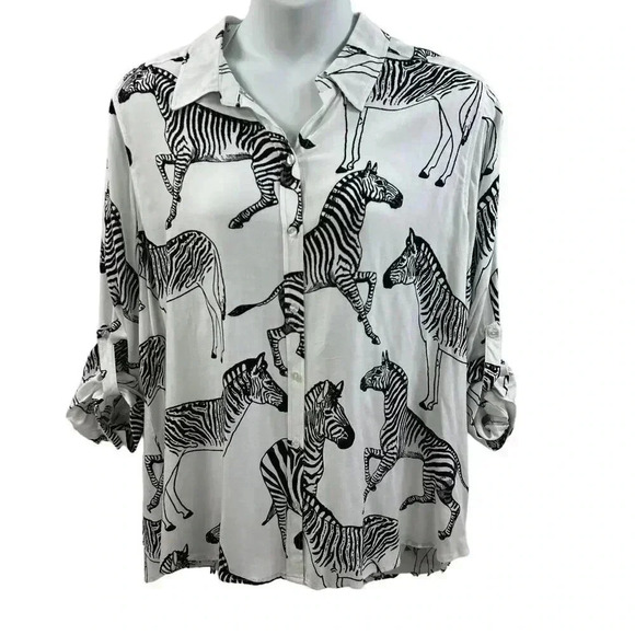 Jane + Delancey white and black zebra print blouse roll tab sleeves 2XL NWT Zoo - Picture 1 of 12